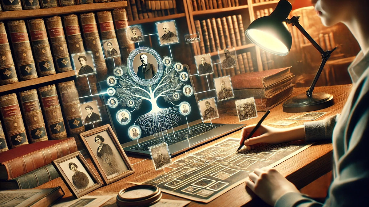 A photorealistic image showing a genealogy investigation. The focus is on a person sitting at a desk with old family photos.