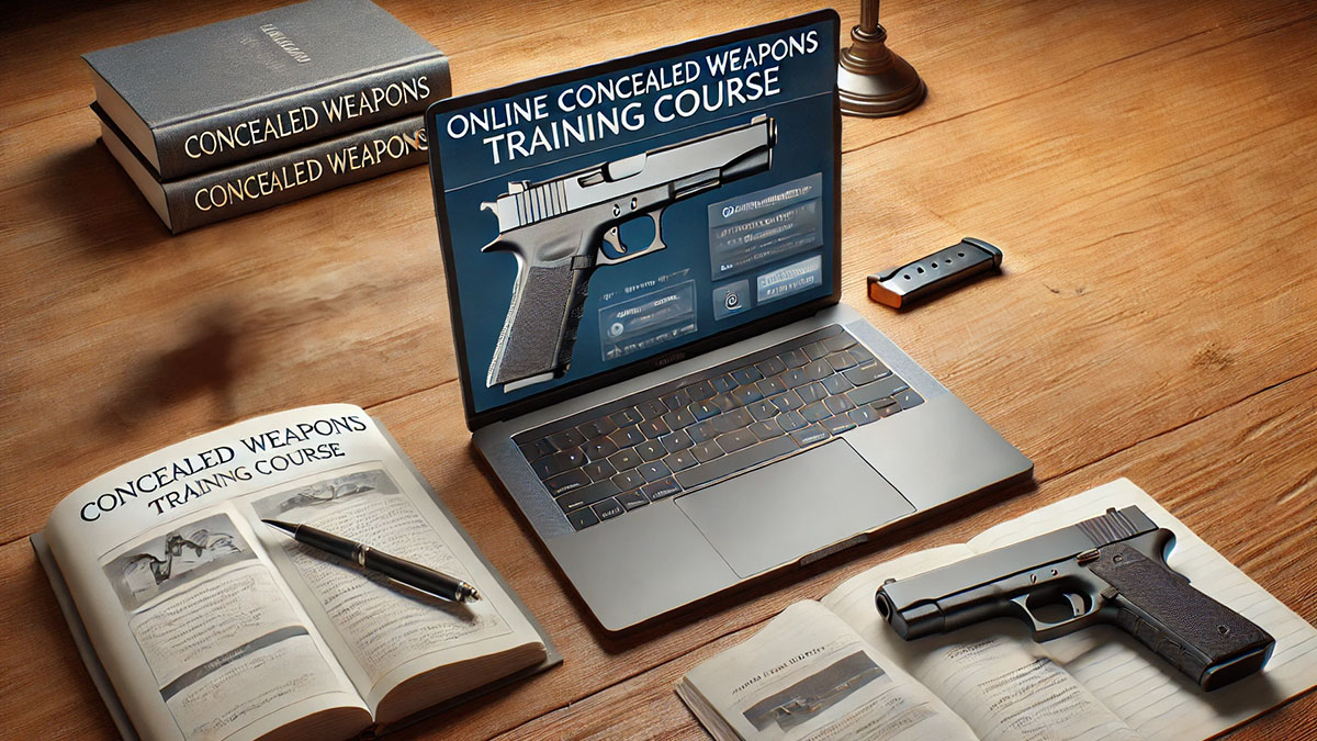 A photorealistic image illustrating an online concealed weapons training course. The scene shows a laptop displaying a training module on firearm safe