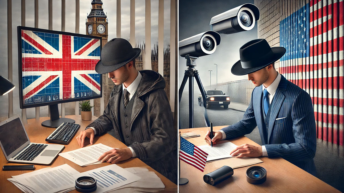 A photorealistic image contrasting UK and US private investigators.