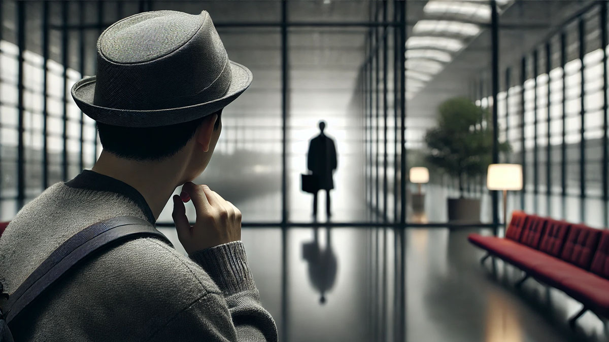 A photorealistic image depicting someone concerned about being stalked. The scene shows a person indoors looking out a window with a cautious expression.