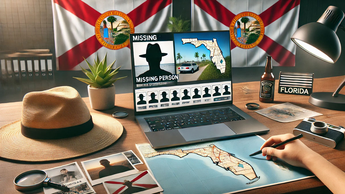 A photorealistic image depicting the search for a missing person in Florida. The scene shows a person examining a map and photos on a desk.