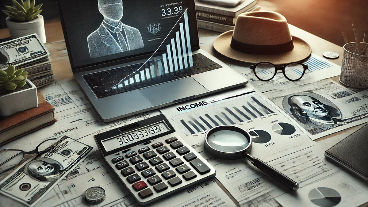 A photorealistic image showing the financial aspects of a private investigator's job.