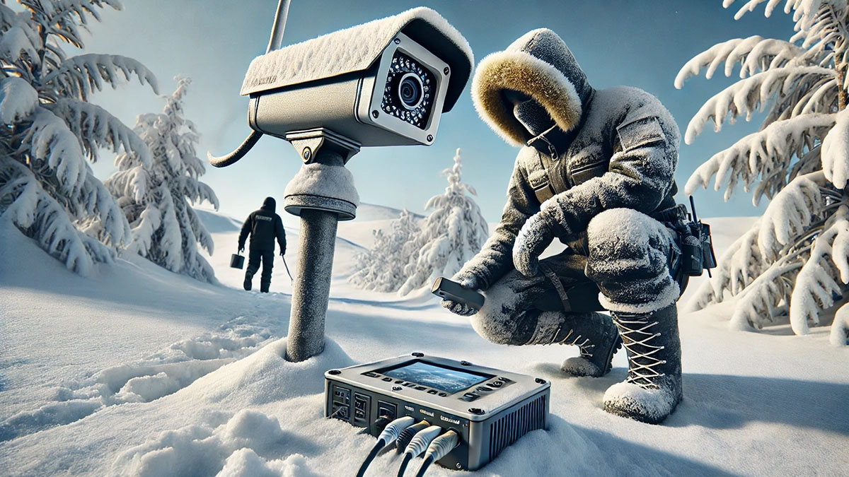 A photorealistic image showing a snowy outdoor surveillance setup. A surveillance camera is mounted on a snowy surface, with a person dressed in winter gear.