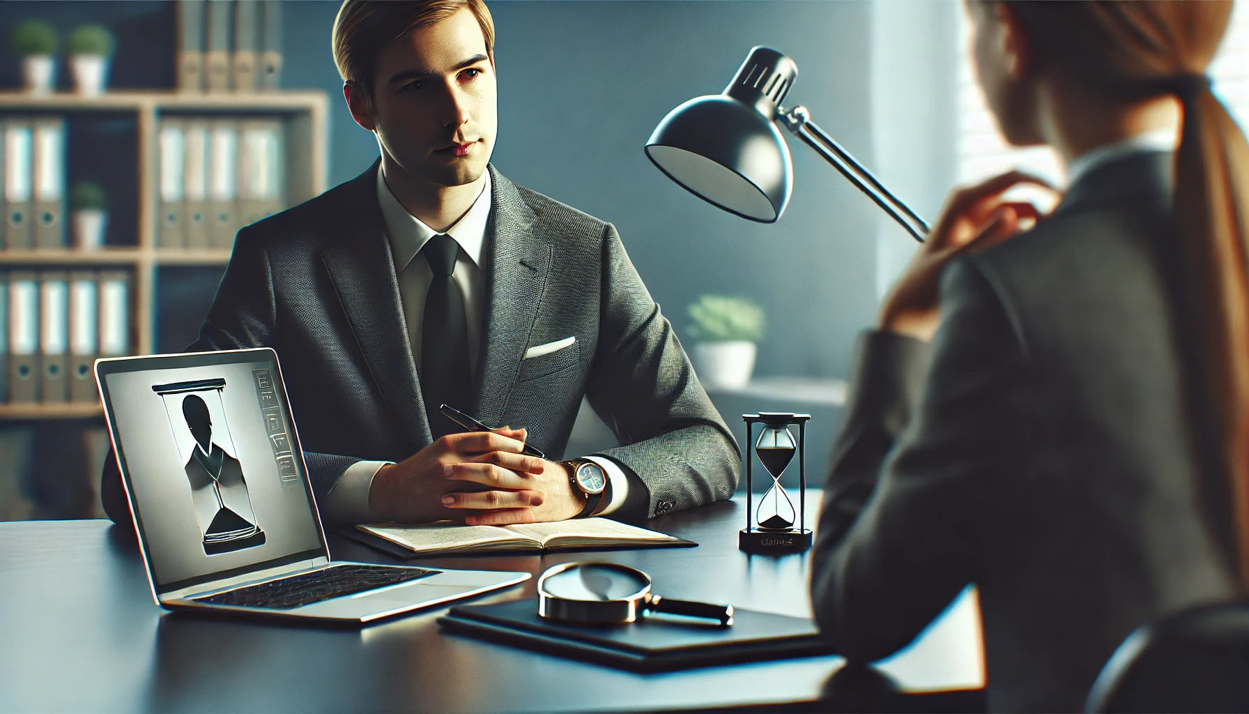 A photorealistic image showing a client meeting with a private investigator in a professional office setting.