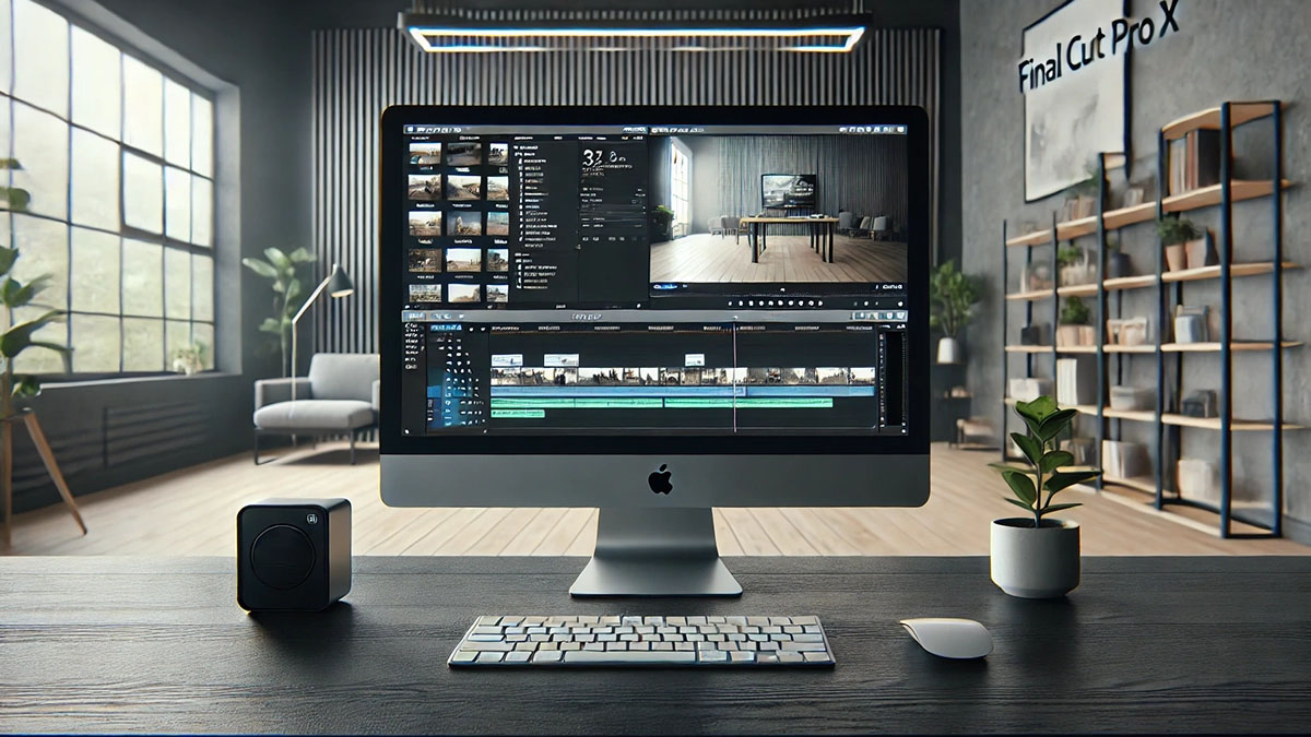 A photorealistic image depicting the use of Final Cut Pro X for editing videos, specifically showcasing the addition of date and time stamps.