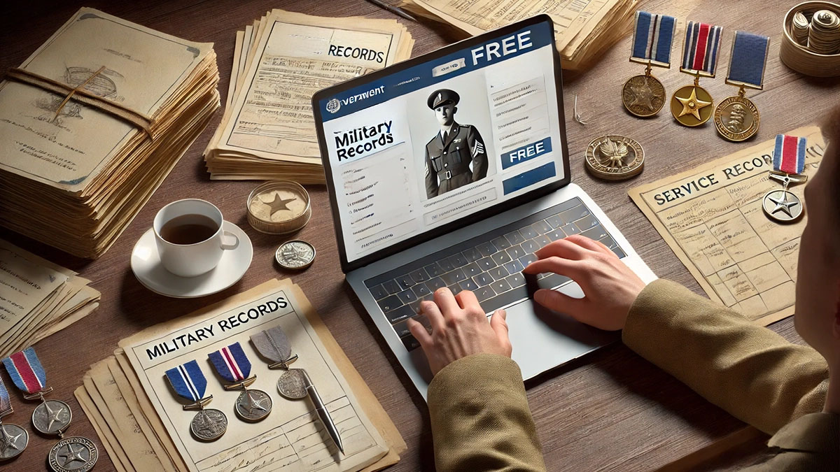 A photorealistic image depicting the process of obtaining military records for free.