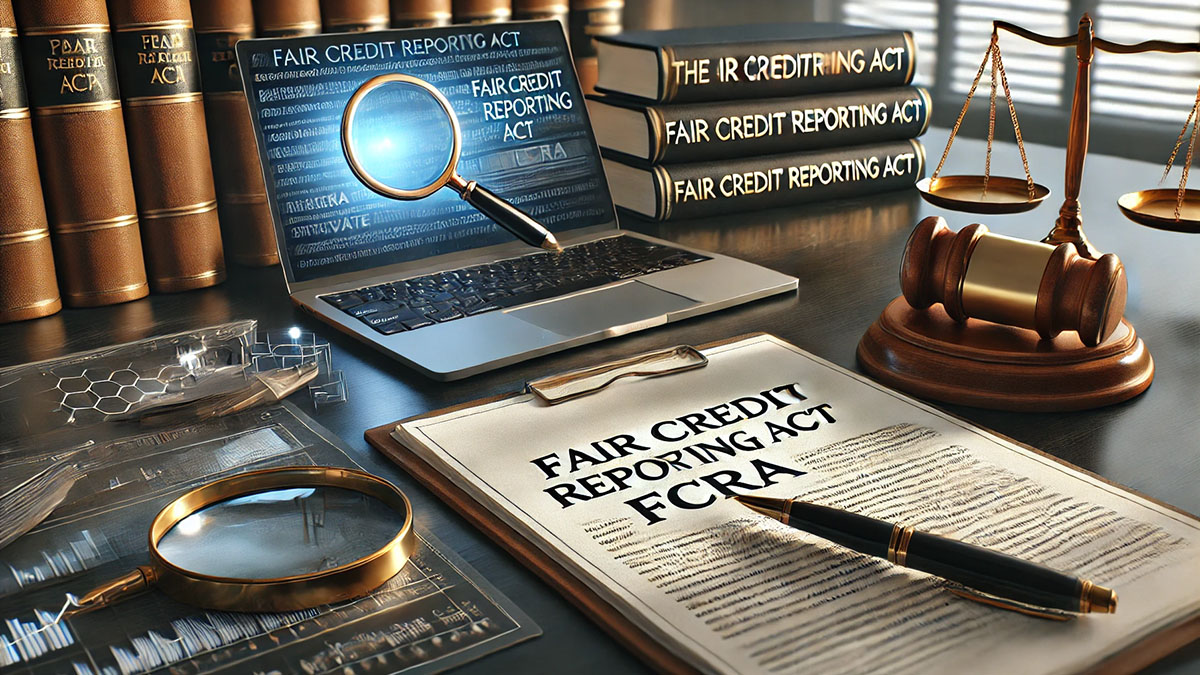 A photorealistic image illustrating the concept of the Fair Credit Reporting Act (FCRA) and its relevance to private investigators.