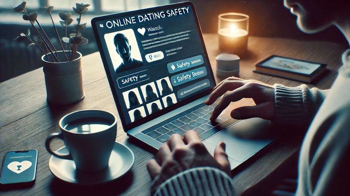 A photorealistic image depicting online dating safety. The scene shows a person using a laptop or smartphone in a cozy, dimly lit room.