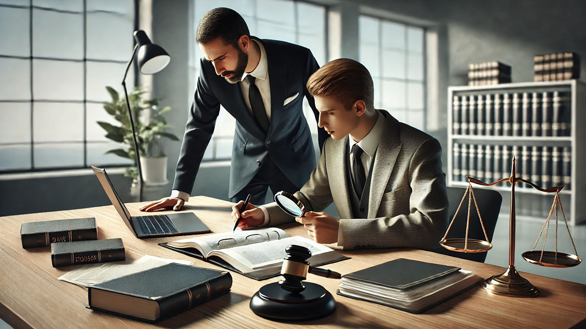 A photorealistic image of a private investigator collaborating with an attorney in a modern office setting. The investigator is analyzing documents