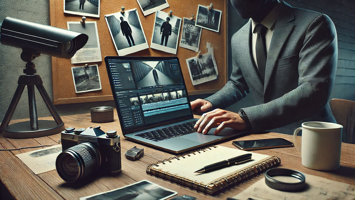 A photorealistic image showcasing the daily work of a private investigator. The scene includes a private investigator at a desk.